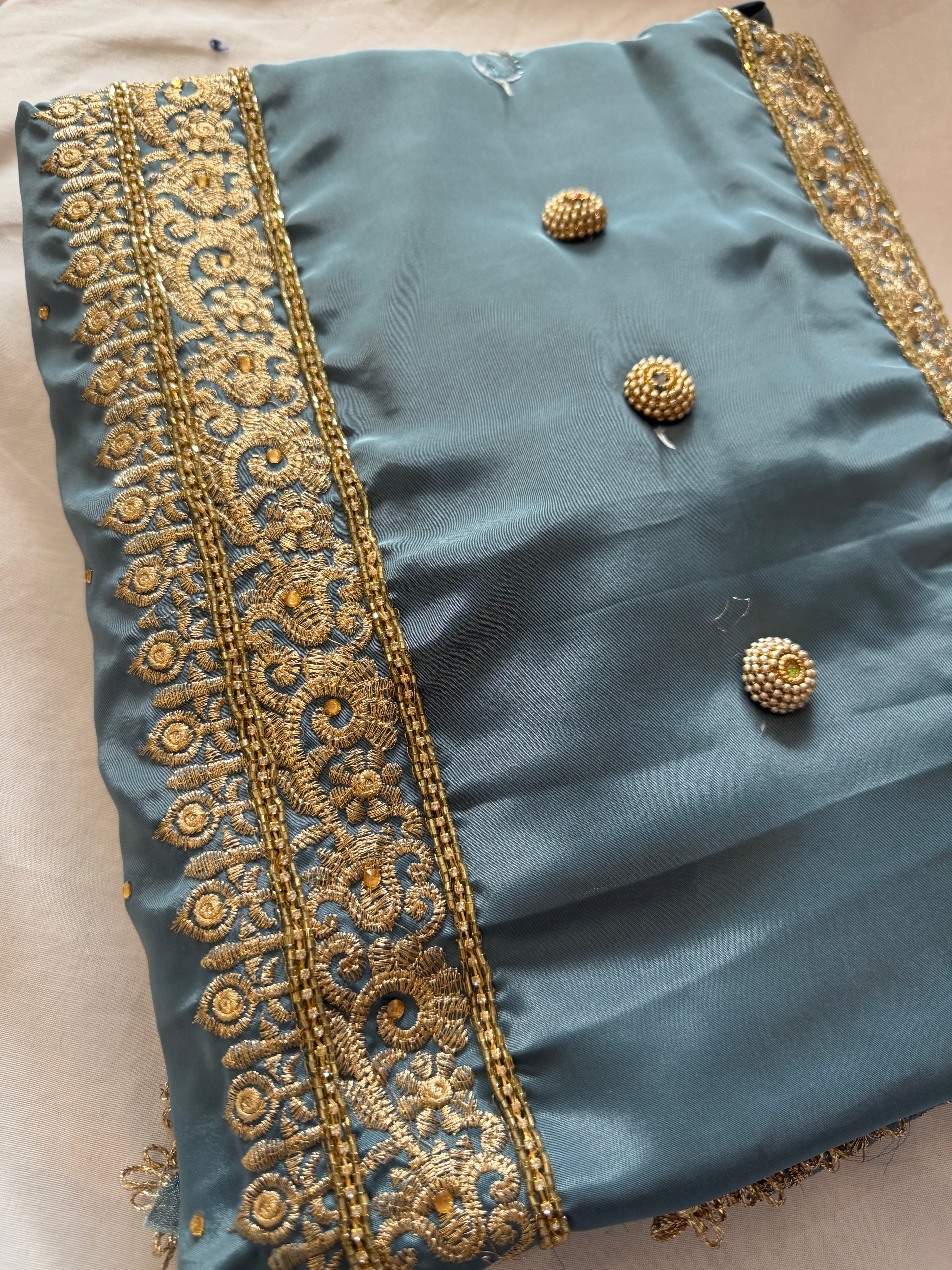 Grey and Gold Crape unstitched Suit