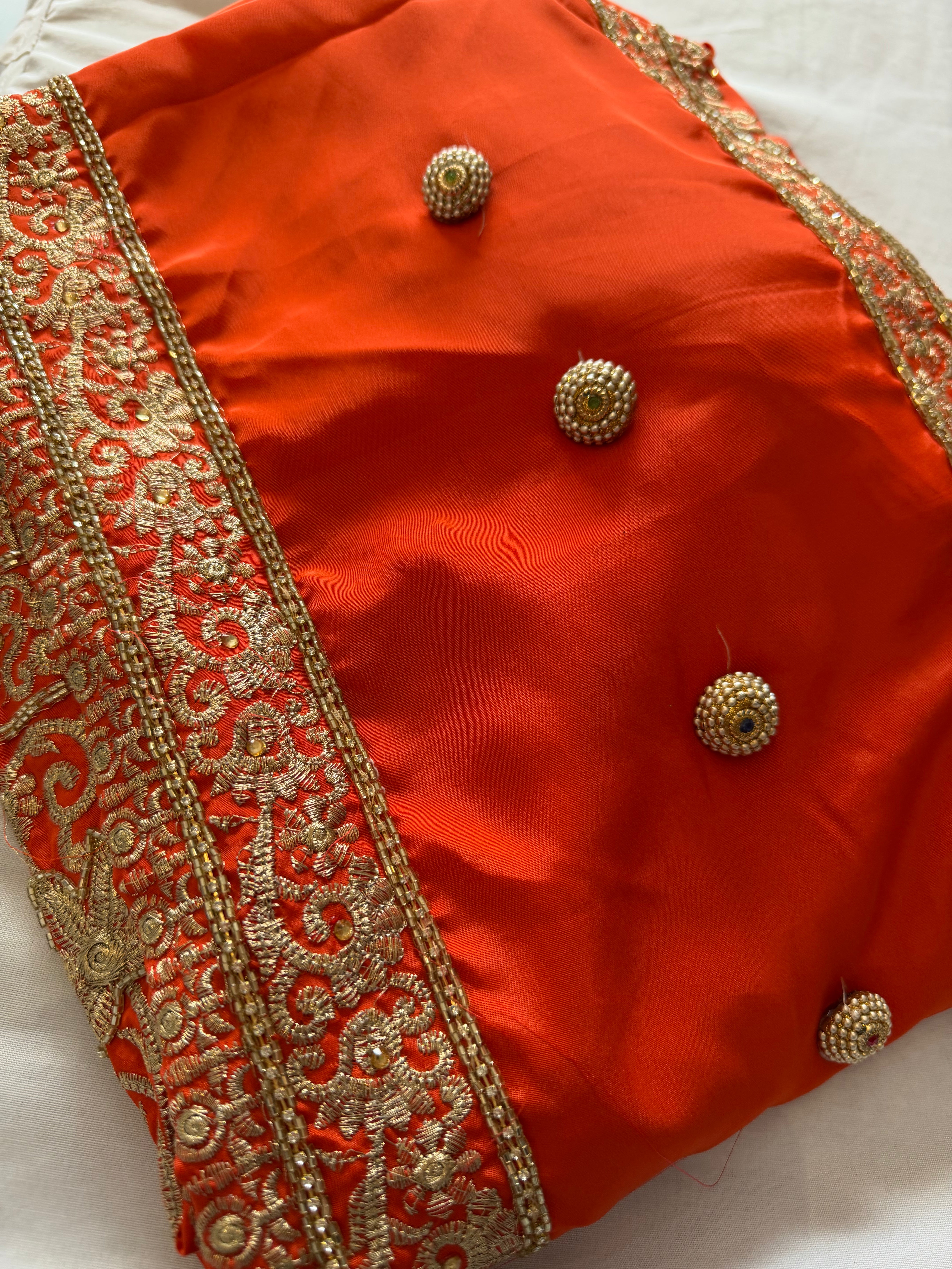 Orange & Gold Crape unstitched Suit
