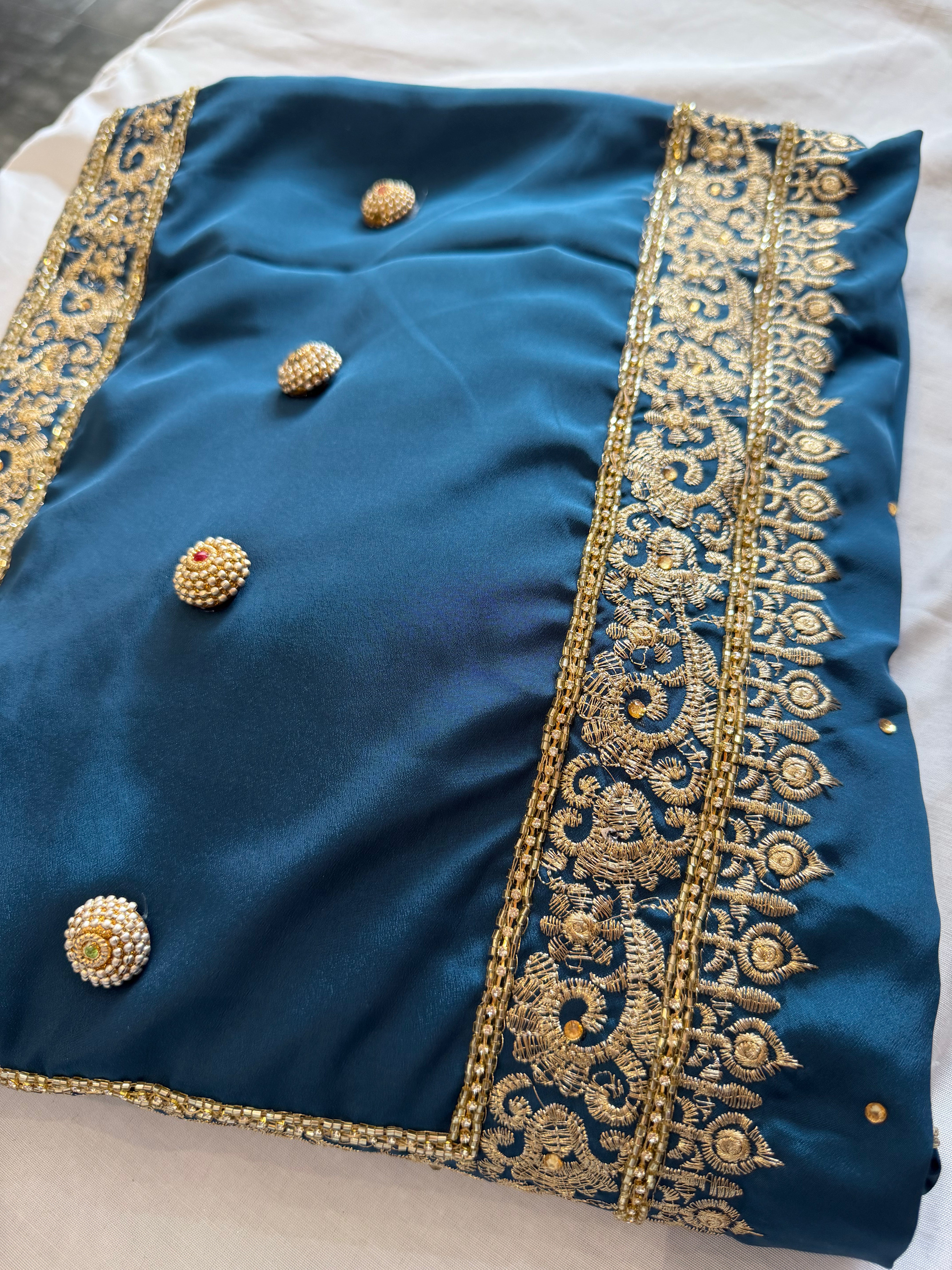 Sky Blue & Gold Crape unstitched Suit