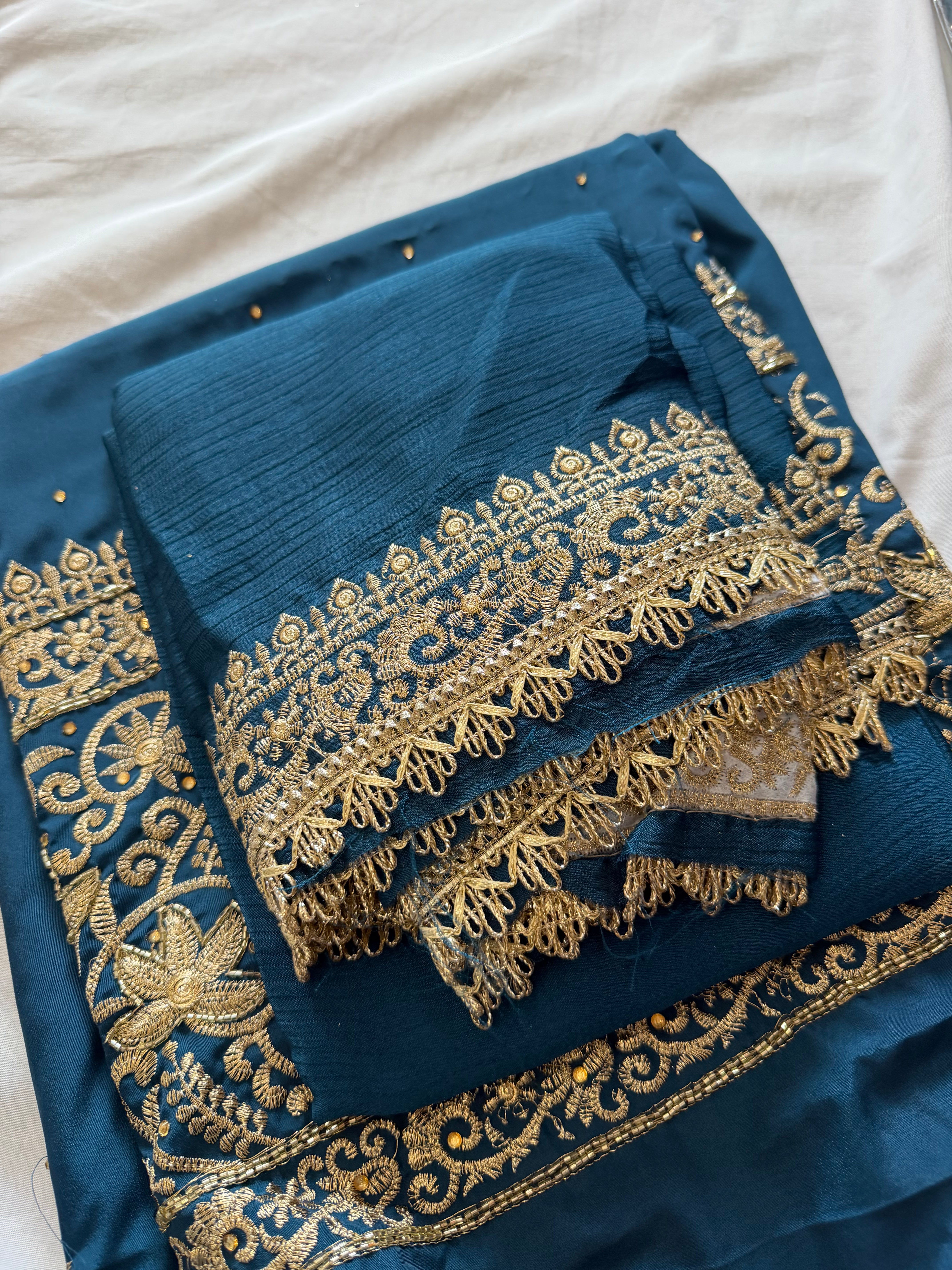 Sky Blue & Gold Crape unstitched Suit