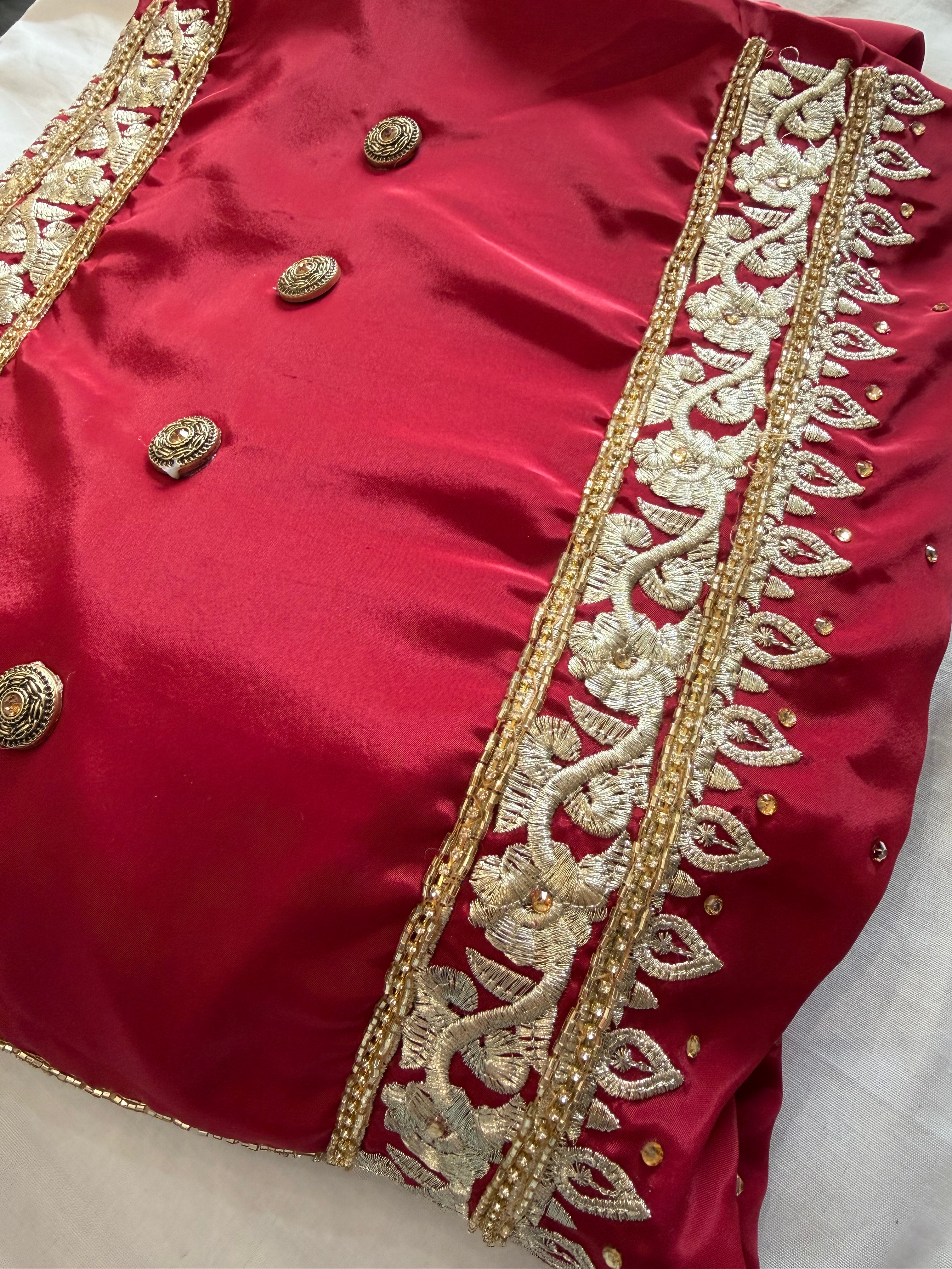 Red & Gold Crape unstitched Suit