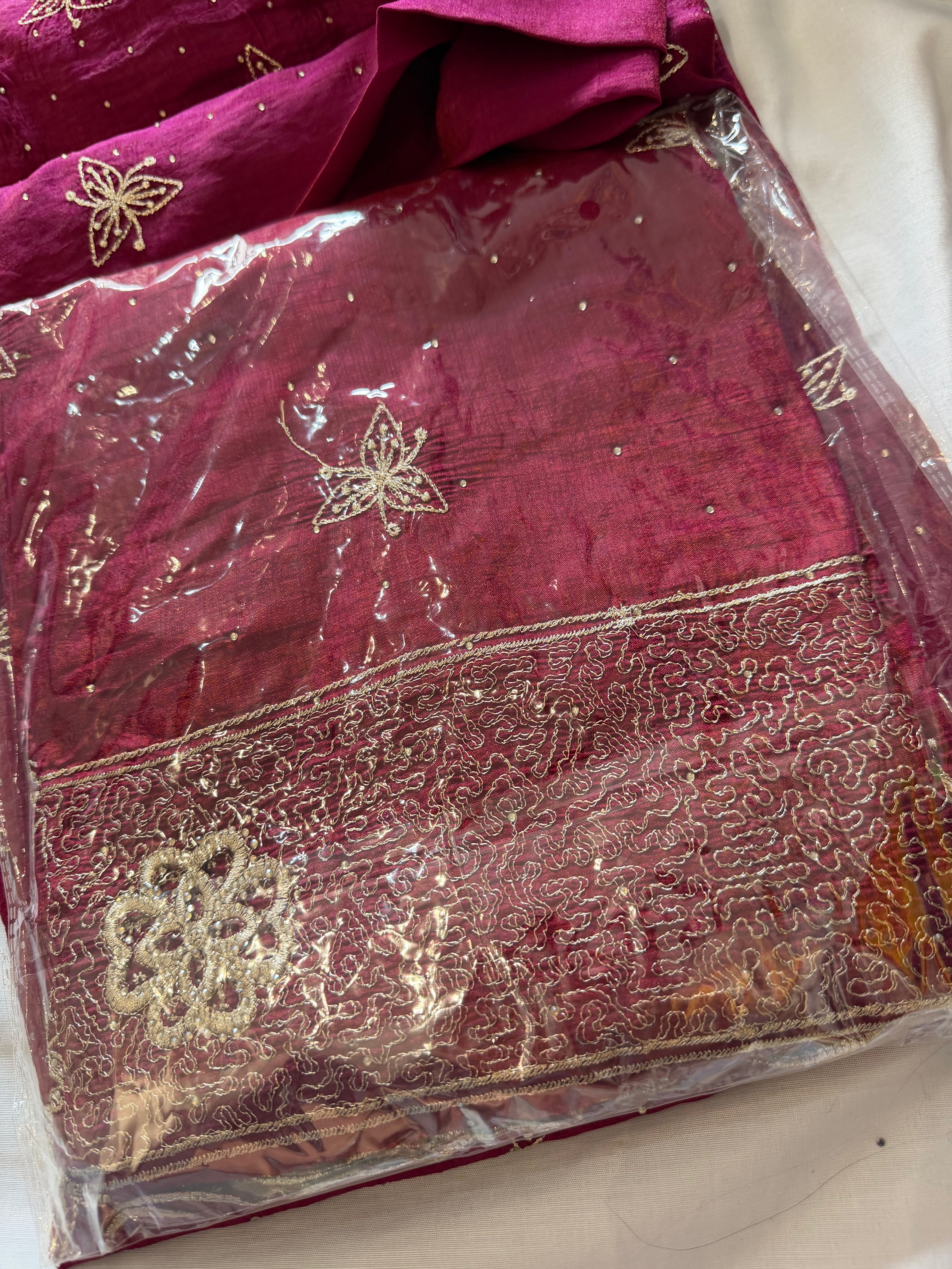 Hot Pink Gold Kadai Soft Unstitched Suit