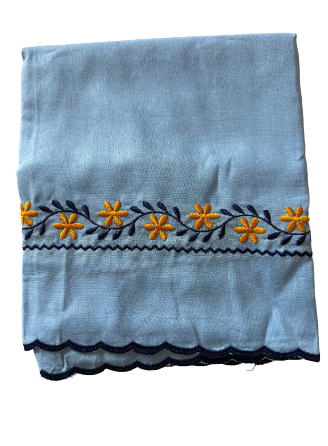 Light blue Hazzoria with blue/orange embroidery